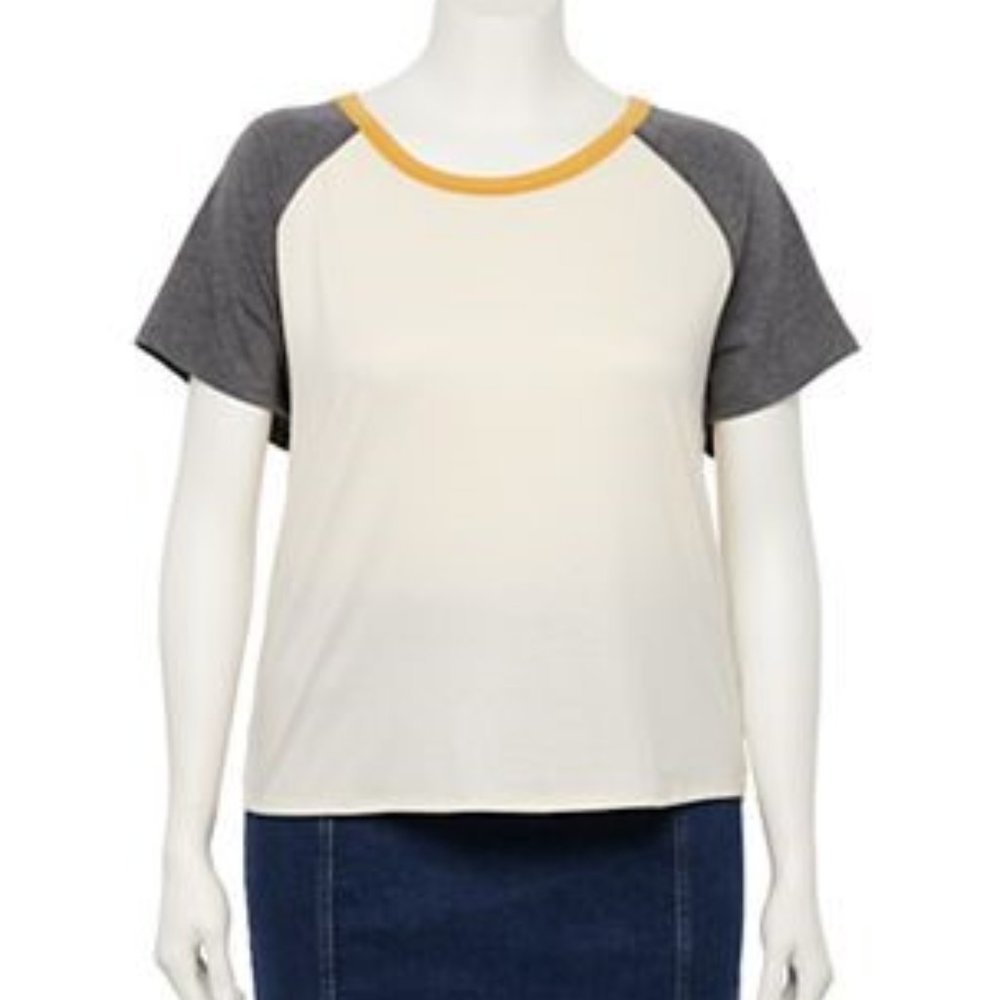 So Raglan Ringer T-Shirt Tee Crewneck Short Sleeve Top Ivory Gray Gold Size 1X